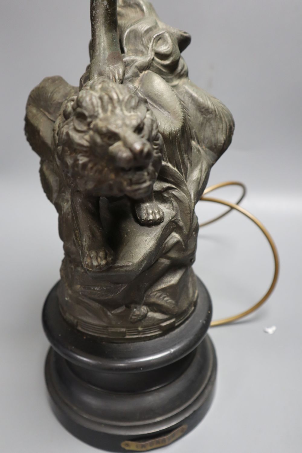 A bronzed spelter figural table lamp, entitled La Danse, on ebonised plinth, 68cm